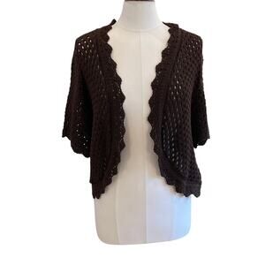 Cotton Chocolate Brown Crochet Open Knit Short Sleeve Open Cardigan, Size 1X